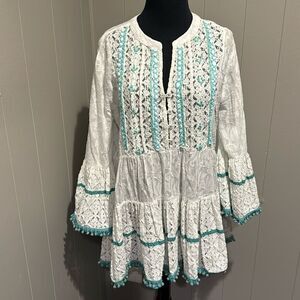 Peace + Love white lace floral burnout ruffle embroidered & pom pom accent top